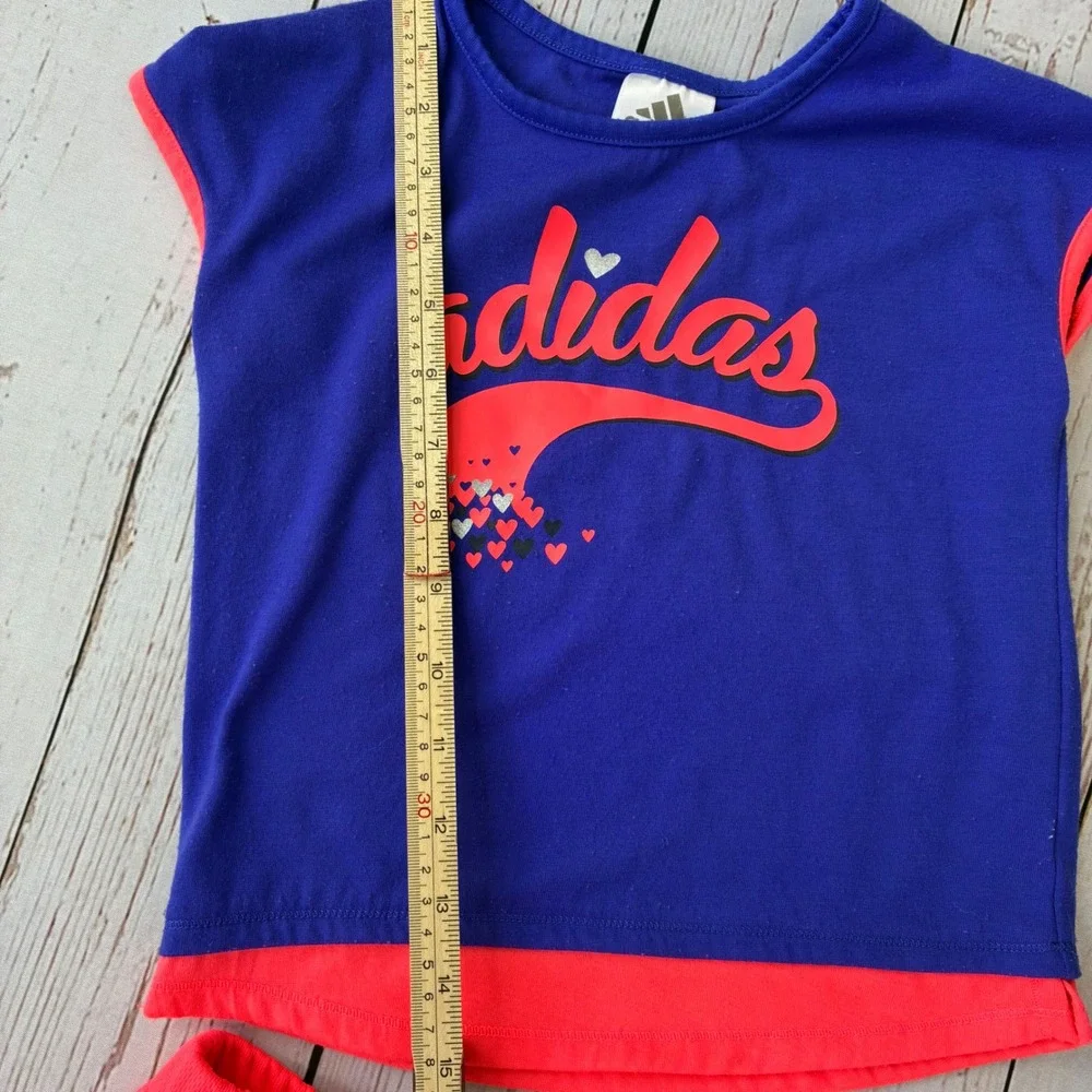 Adidas Girls 2 Piece Skort Set Blue Orange Heart Graphic Activewear Size 4T